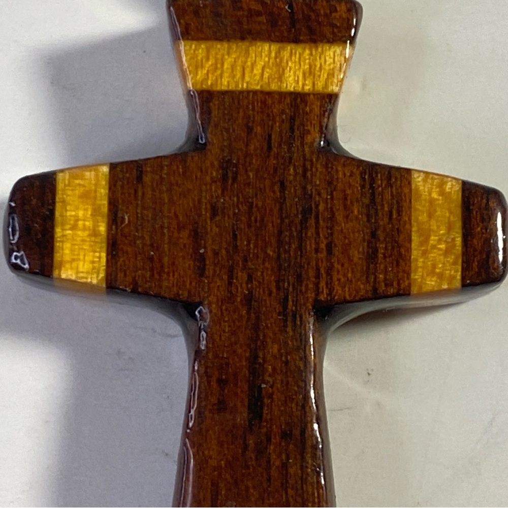 Vintage Handmade Wooden Cross Pendant Brown with Yellow Inlay - Picture 3 of 5